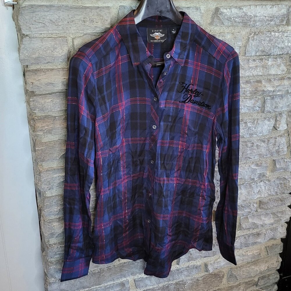 Harley Davidson Plaid Metallic Button Up Shirt Womens Medium Roses Navy Blue